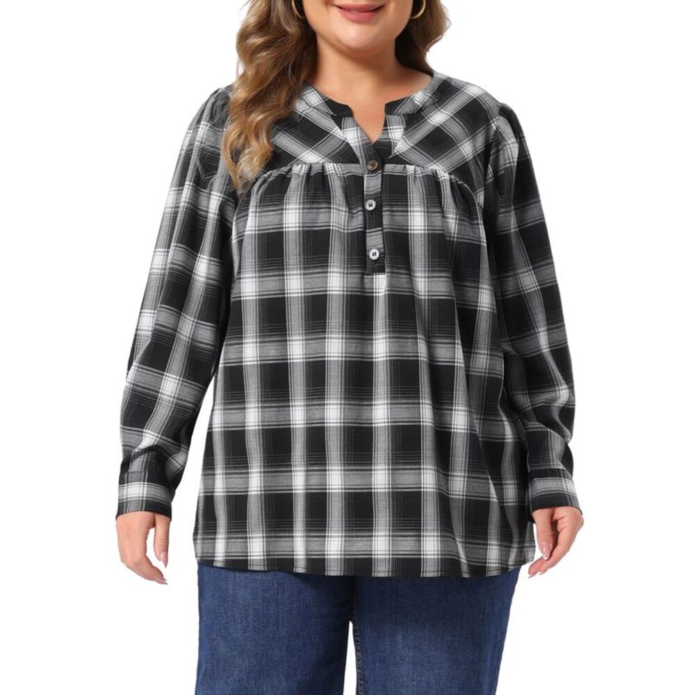 Women Plus Size Notch V Neck Plaid Blouse Top Black